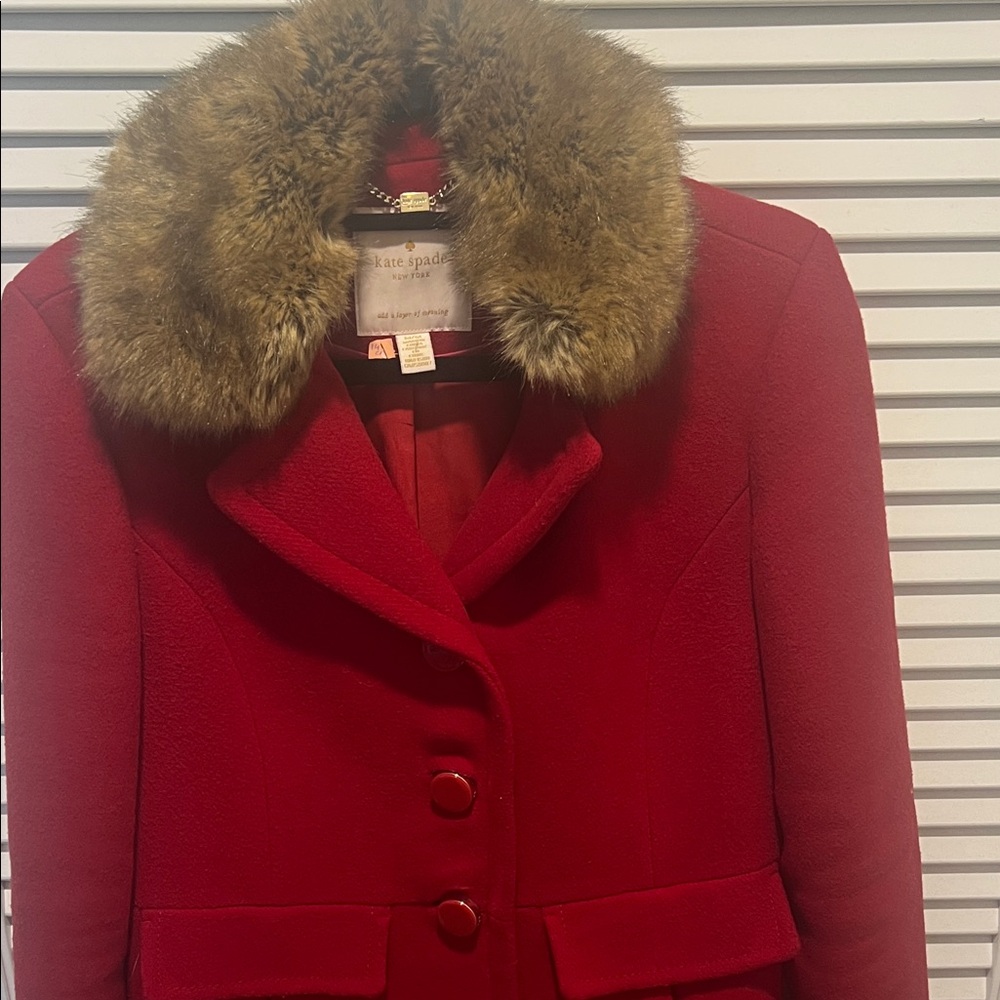 Kate Spade Red Pea Coat with Faux Fur Collar